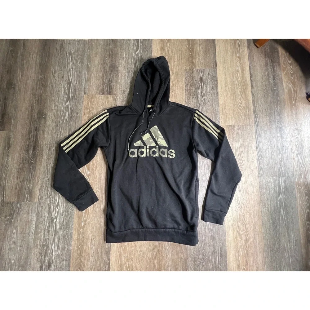 Adidas Hoodie Mens Small Black Camo Logo Three Stripe‎ Primegreen Pullover 898